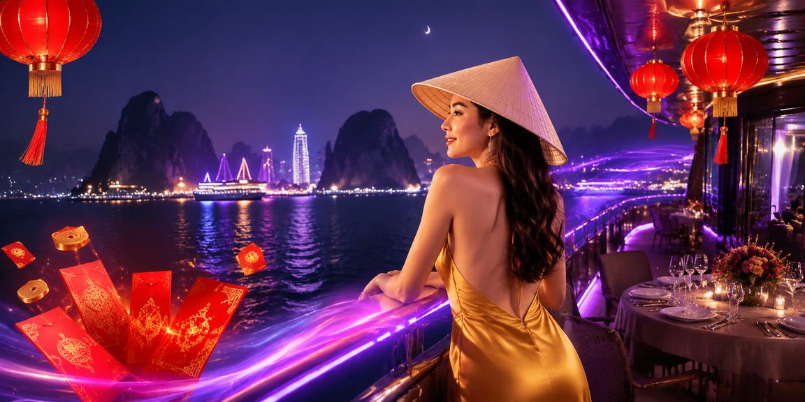 Phong cảnh Hạ Long Bay với phong bì đỏ và nón lá biểu tượng thưởng chào mừng swin88