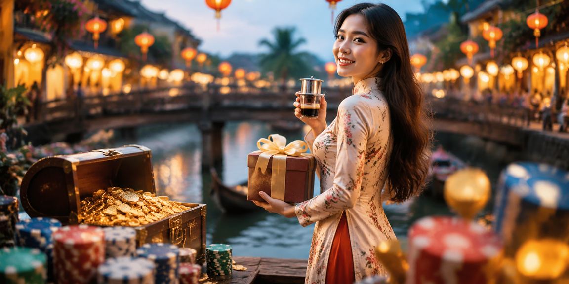 Người dùng đặt cược và nhận thưởng tại quán cà phê phố cổ Hội An